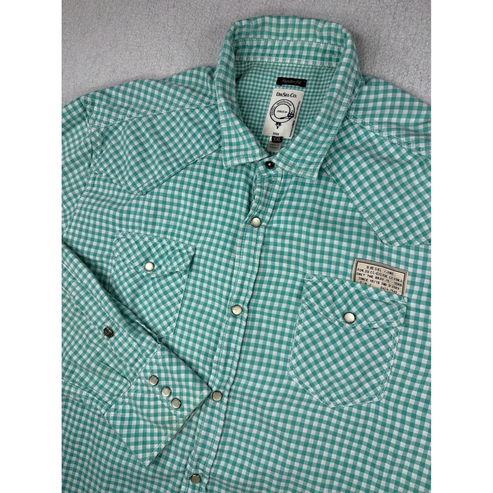 Diesel Co Mens XXL Teal Gingham Western Pearl Snap Long Sleeve Shirt Regular